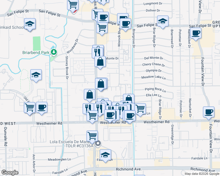 map of restaurants, bars, coffee shops, grocery stores, and more near 6459 Burgoyne Drive in Houston