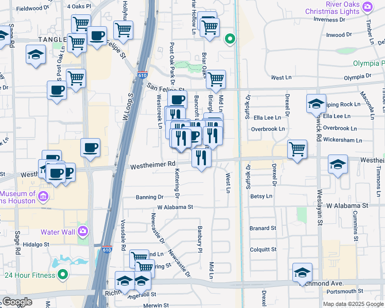 map of restaurants, bars, coffee shops, grocery stores, and more near 4410 Westheimer Road in Houston