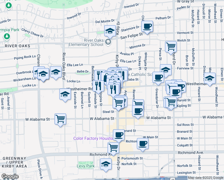 map of restaurants, bars, coffee shops, grocery stores, and more near 2601 Westheimer Road in Houston