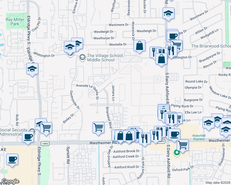 map of restaurants, bars, coffee shops, grocery stores, and more near 2203 Jamara Lane in Houston