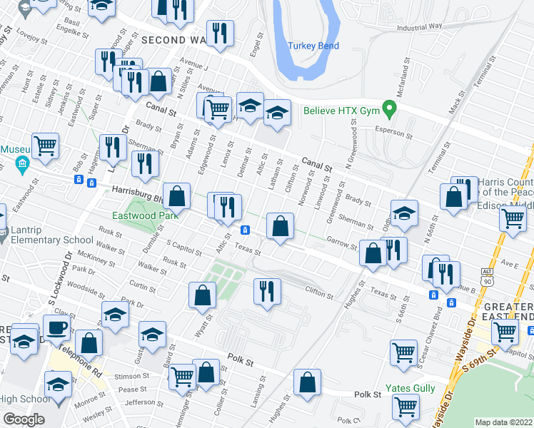 map of restaurants, bars, coffee shops, grocery stores, and more near 221 Latham Street in Houston
