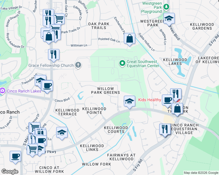 map of restaurants, bars, coffee shops, grocery stores, and more near 21315 Twisted Willow Lane in Katy