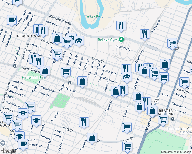 map of restaurants, bars, coffee shops, grocery stores, and more near 201 Linwood Street in Houston