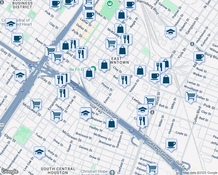 map of restaurants, bars, coffee shops, grocery stores, and more near 2905 Pease Street in Houston