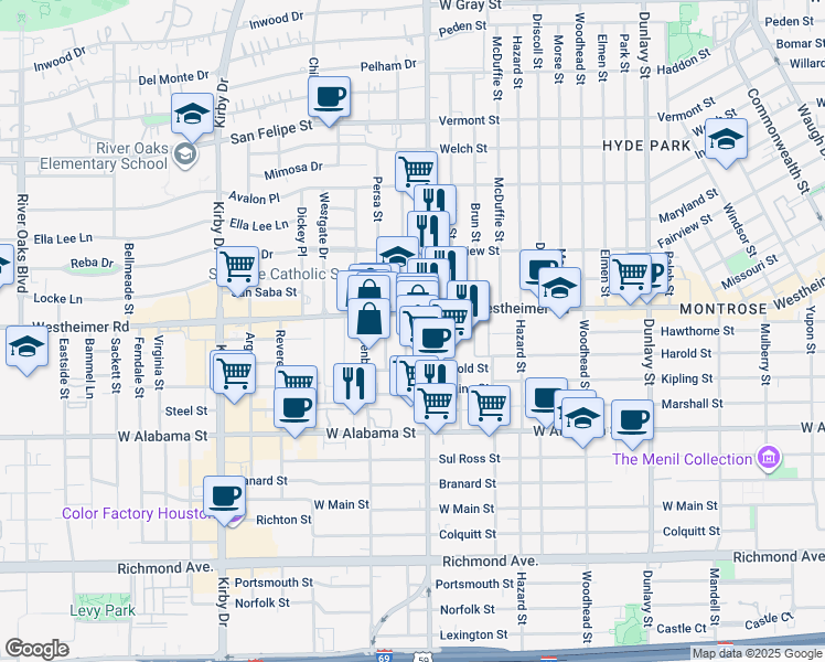 map of restaurants, bars, coffee shops, grocery stores, and more near 2119 Westheimer Road in Houston