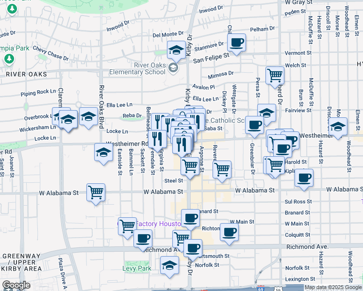 map of restaurants, bars, coffee shops, grocery stores, and more near 2601 Westheimer Road in Houston