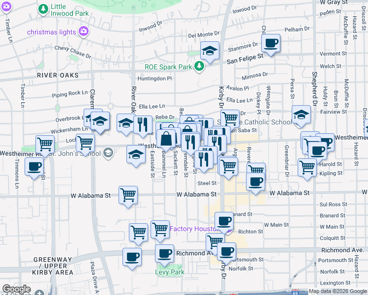 map of restaurants, bars, coffee shops, grocery stores, and more near 2909 Westheimer Road in Houston