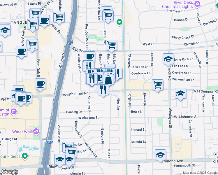 map of restaurants, bars, coffee shops, grocery stores, and more near in Houston