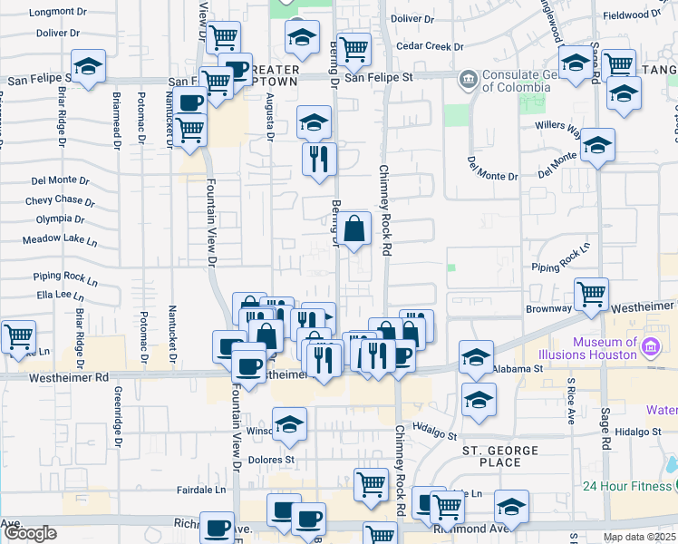 map of restaurants, bars, coffee shops, grocery stores, and more near 2362M Bering Drive in Houston