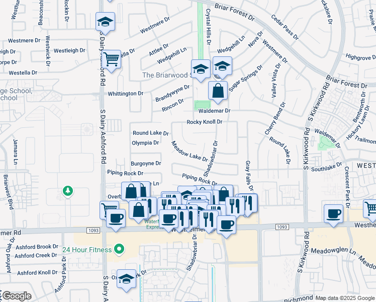 map of restaurants, bars, coffee shops, grocery stores, and more near 12226 Meadow Lake Drive in Houston
