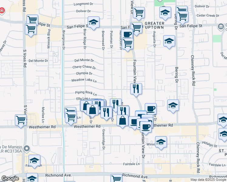 map of restaurants, bars, coffee shops, grocery stores, and more near 6015 Burgoyne Drive in Houston