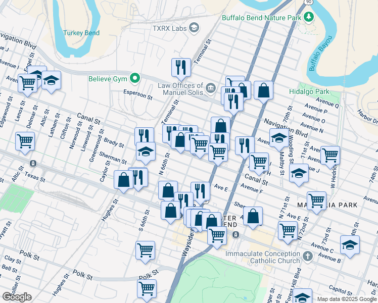 map of restaurants, bars, coffee shops, grocery stores, and more near 6641 Canal Street in Houston