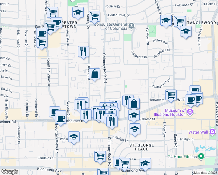 map of restaurants, bars, coffee shops, grocery stores, and more near 5661 Piping Rock Lane in Houston