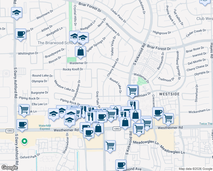 map of restaurants, bars, coffee shops, grocery stores, and more near 2210 Silver Sage Drive in Houston