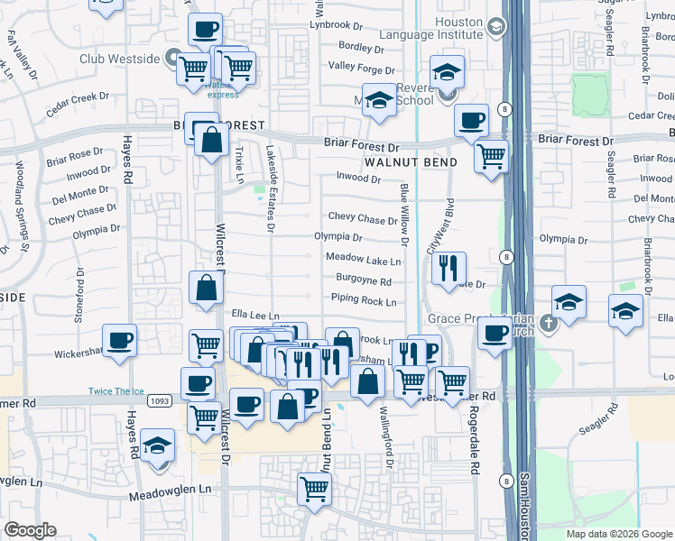 map of restaurants, bars, coffee shops, grocery stores, and more near 10722 Burgoyne Road in Houston