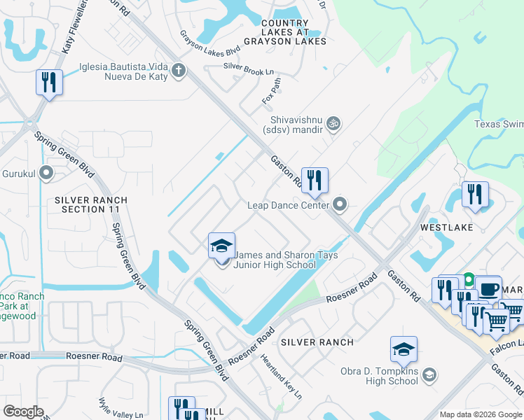 map of restaurants, bars, coffee shops, grocery stores, and more near 2303 Snowy Egret Drive in Katy