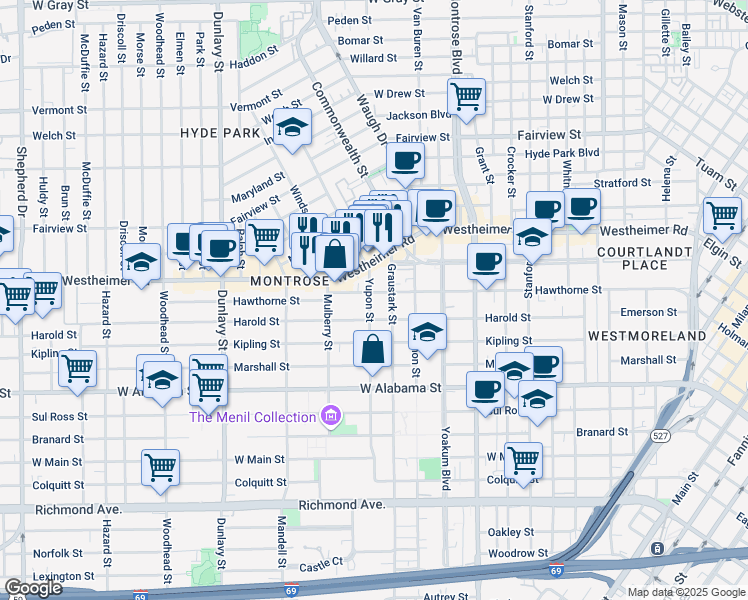 map of restaurants, bars, coffee shops, grocery stores, and more near 3403 Yupon Street in Houston