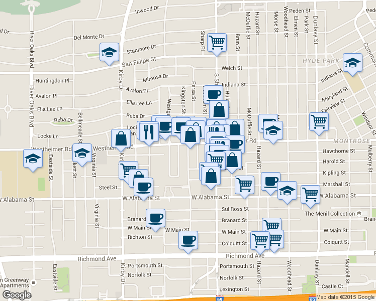 map of restaurants, bars, coffee shops, grocery stores, and more near 2612 Greenbriar Drive in Houston