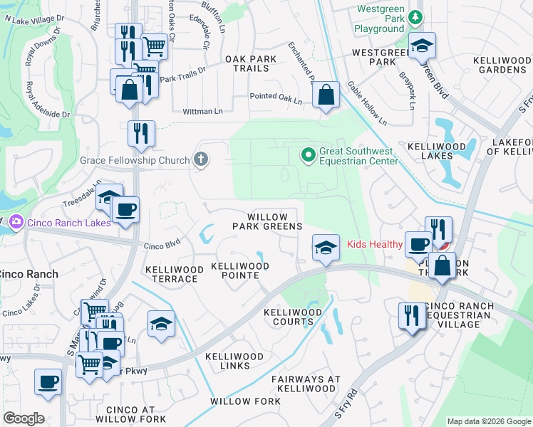map of restaurants, bars, coffee shops, grocery stores, and more near 21315 Twisted Willow Lane in Katy