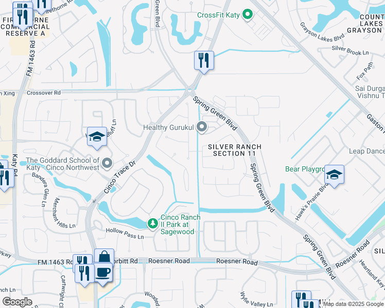 map of restaurants, bars, coffee shops, grocery stores, and more near 2835 Winthrop Meadow Way in Katy