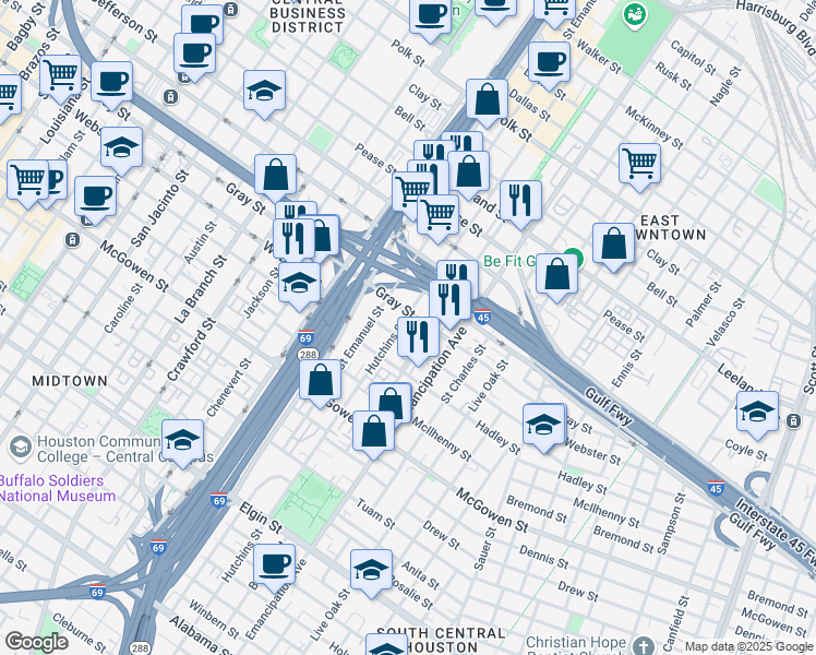 map of restaurants, bars, coffee shops, grocery stores, and more near 2109 Hutchins Street in Houston