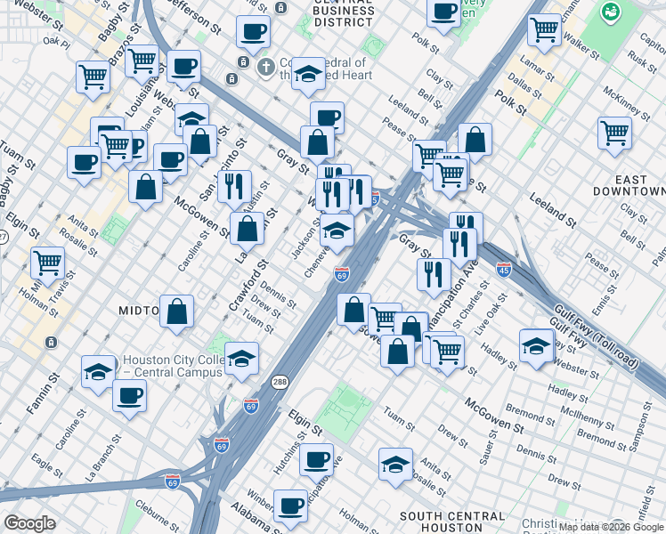 map of restaurants, bars, coffee shops, grocery stores, and more near 2424 Hamilton Street in Houston