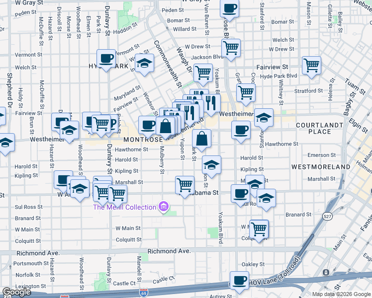 map of restaurants, bars, coffee shops, grocery stores, and more near 3403 Yupon Street in Houston