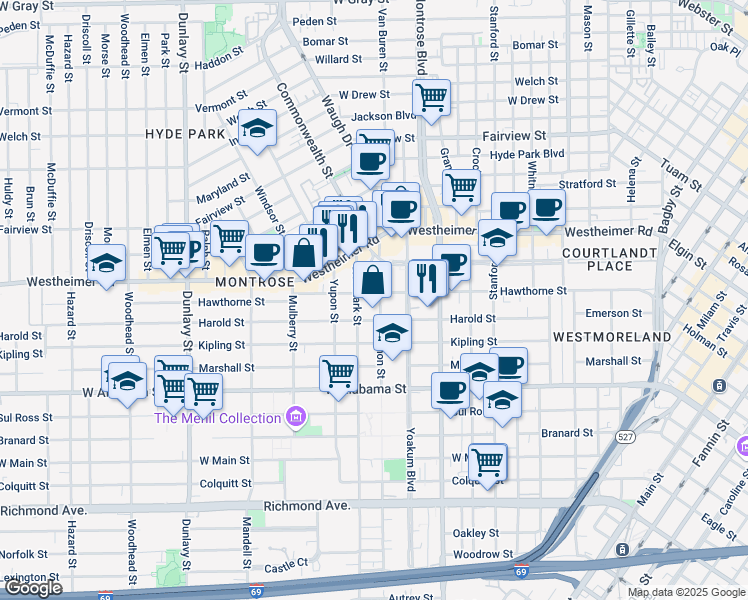 map of restaurants, bars, coffee shops, grocery stores, and more near 3406 Mount Vernon Street in Houston