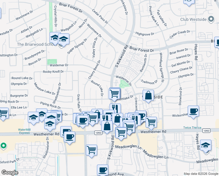map of restaurants, bars, coffee shops, grocery stores, and more near 2215 Kinbrook Dr in Houston