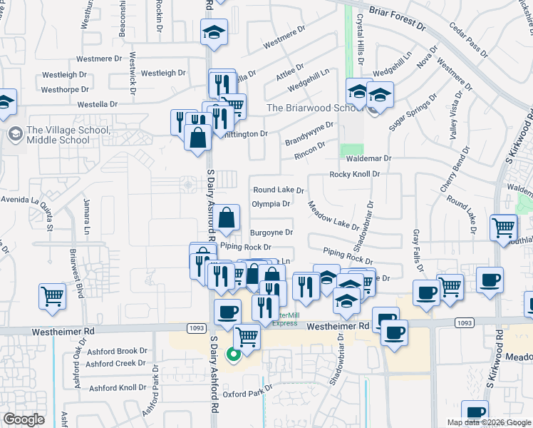 map of restaurants, bars, coffee shops, grocery stores, and more near 12514 Meadow Lake Drive in Houston