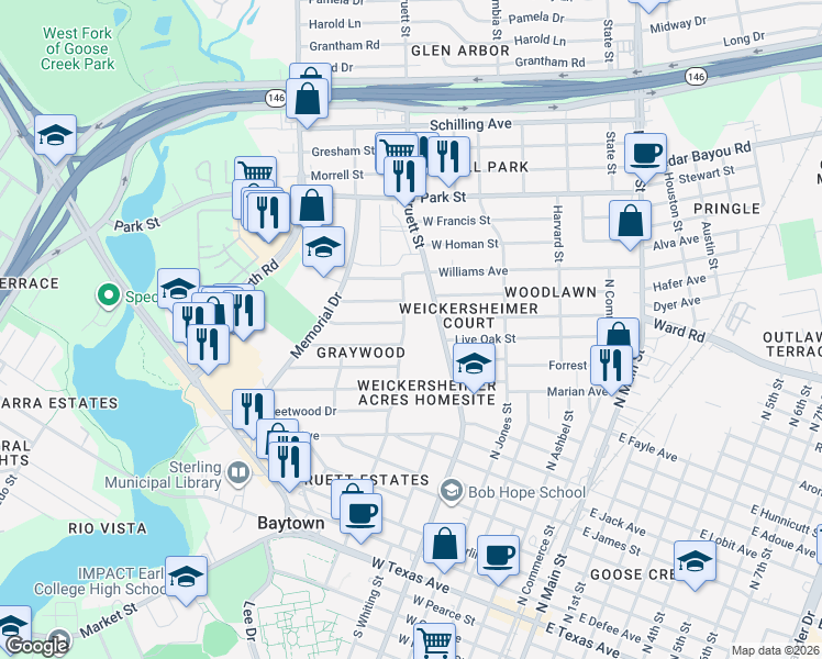 map of restaurants, bars, coffee shops, grocery stores, and more near 1102 N Felton St in Baytown