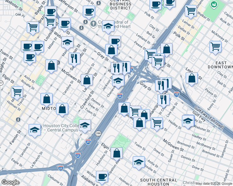 map of restaurants, bars, coffee shops, grocery stores, and more near 2424 Hamilton Street in Houston