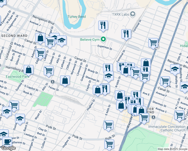map of restaurants, bars, coffee shops, grocery stores, and more near 111 Caylor Street in Houston