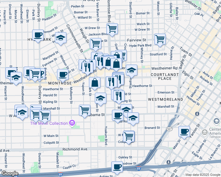 map of restaurants, bars, coffee shops, grocery stores, and more near 3407 Yoakum Boulevard in Houston