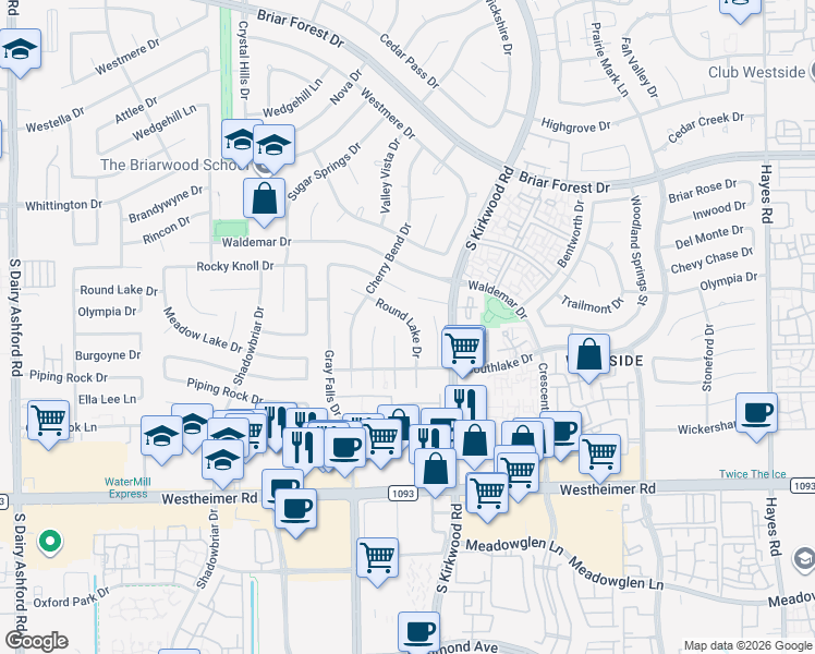 map of restaurants, bars, coffee shops, grocery stores, and more near 2206 Round Lake Drive in Houston