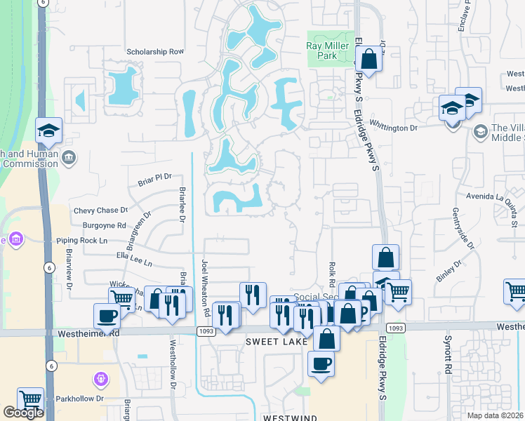 map of restaurants, bars, coffee shops, grocery stores, and more near 13718 Slate Creek Lane in Houston