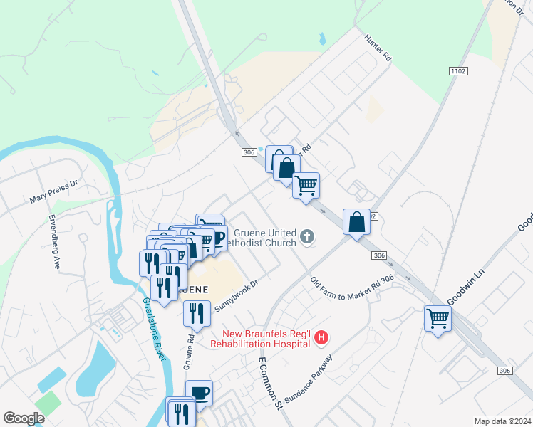 map of restaurants, bars, coffee shops, grocery stores, and more near 1257 Old Farm to Market Road 306 in New Braunfels