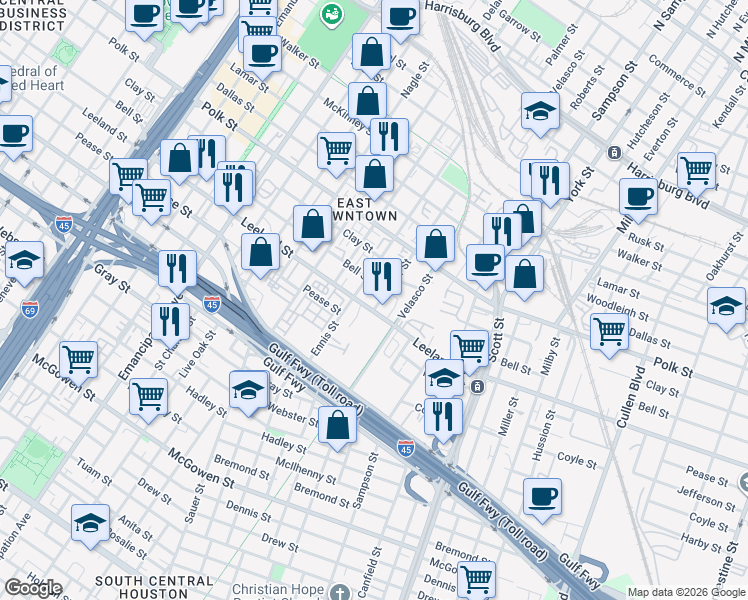 map of restaurants, bars, coffee shops, grocery stores, and more near 1516 Palmer Street in Houston
