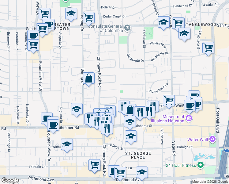 map of restaurants, bars, coffee shops, grocery stores, and more near 5625 Piping Rock Lane in Houston
