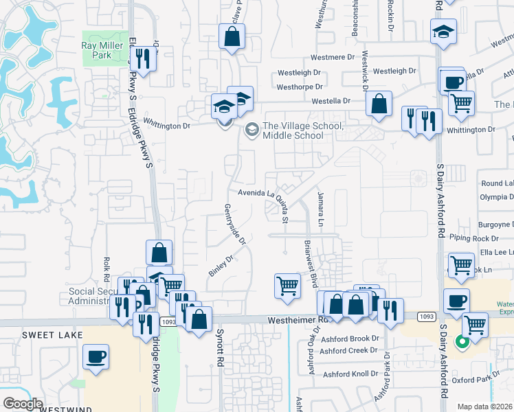 map of restaurants, bars, coffee shops, grocery stores, and more near 13007 Waldemere Drive in Houston