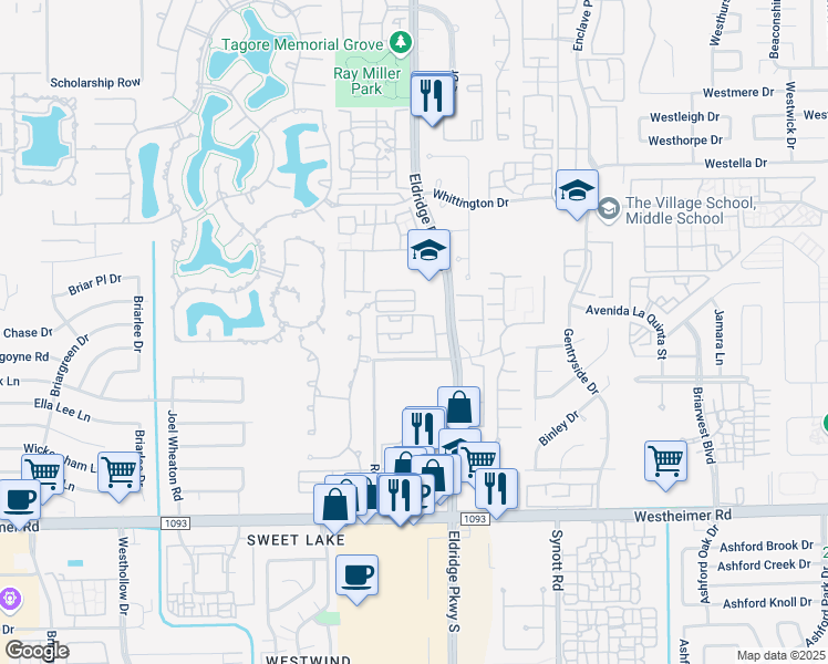 map of restaurants, bars, coffee shops, grocery stores, and more near 2250 Eldridge Parkway in Houston