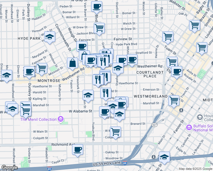 map of restaurants, bars, coffee shops, grocery stores, and more near 3317 Montrose Boulevard in Houston