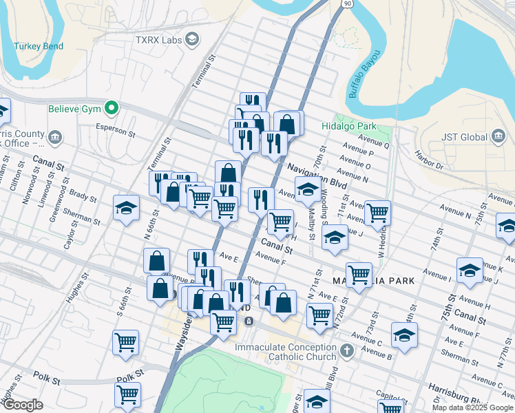 map of restaurants, bars, coffee shops, grocery stores, and more near 6837 Avenue I in Houston