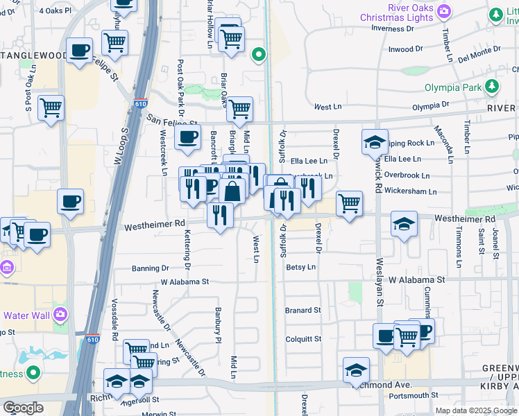 map of restaurants, bars, coffee shops, grocery stores, and more near 4200 Mid Lane in Houston