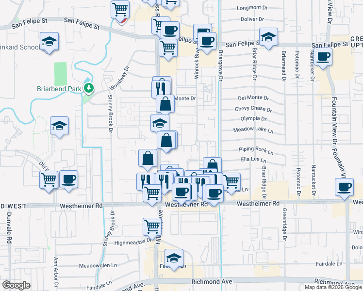 map of restaurants, bars, coffee shops, grocery stores, and more near 6459 Burgoyne Drive in Houston