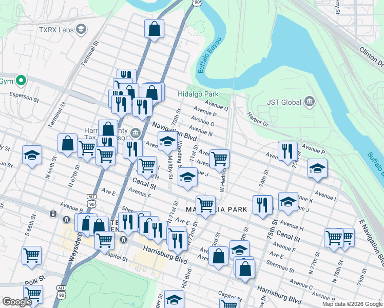 map of restaurants, bars, coffee shops, grocery stores, and more near 7110 Avenue L in Houston