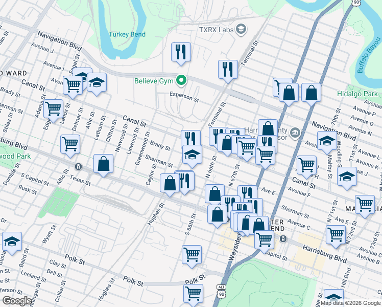 map of restaurants, bars, coffee shops, grocery stores, and more near 6503 Avenue F in Houston