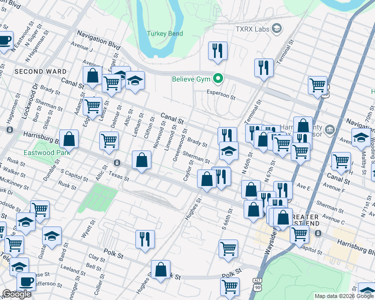 map of restaurants, bars, coffee shops, grocery stores, and more near 6003 Sherman Street in Houston