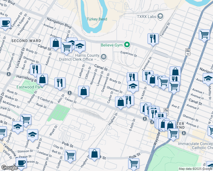 map of restaurants, bars, coffee shops, grocery stores, and more near 6003 Sherman Street in Houston