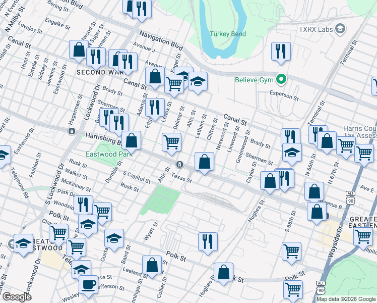 map of restaurants, bars, coffee shops, grocery stores, and more near 221 Latham Street in Houston